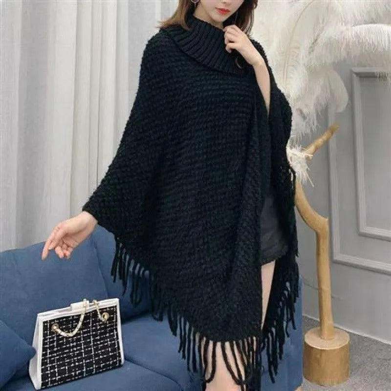 Women's triangle shawl cape in cashmere-acrylic blend with tassel detailing and plush texture