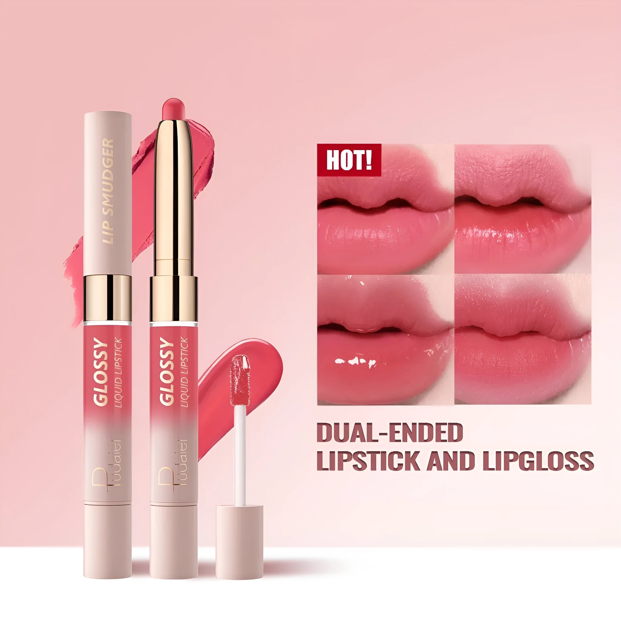Double-headed lipstick and lip gloss product showing matte and glossy ends in one of ten available colours