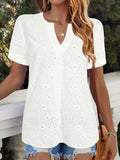 White V-neck short sleeve T-shirt with hollow-out design detail, loose fit
