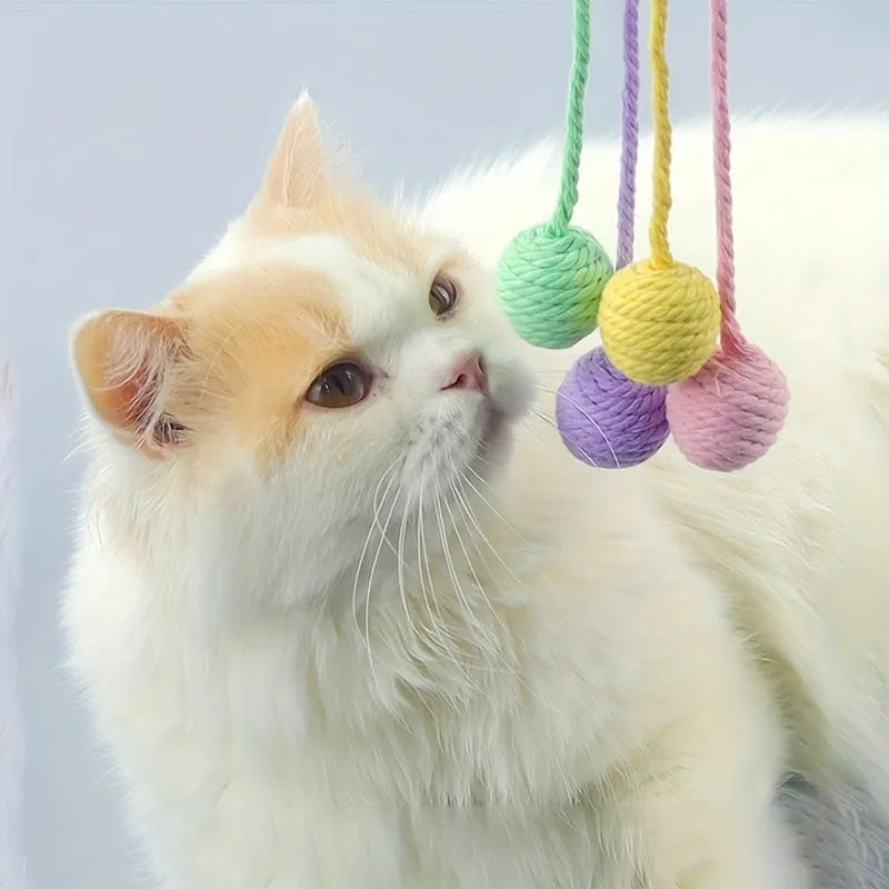 Colourful cat toy ball with rope and built-in bell in two size options