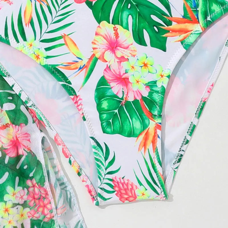 Girls' floral two-piece swimsuit in high-elasticity polyester fabric