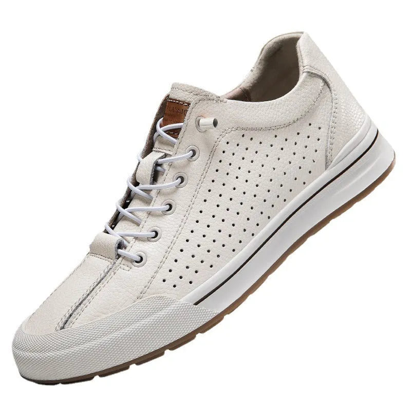 Men's white and black matte leather casual shoes with flat heel and round toe, shown in various colour and lining options.