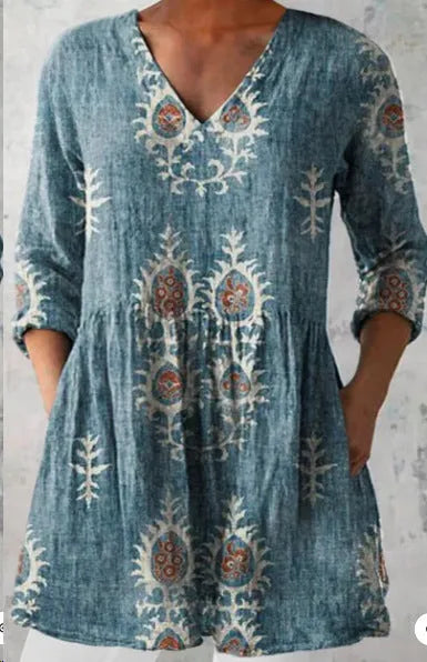 Women's printed floral dress with loose fit, wide waist, and 3/4 ruffle sleeves