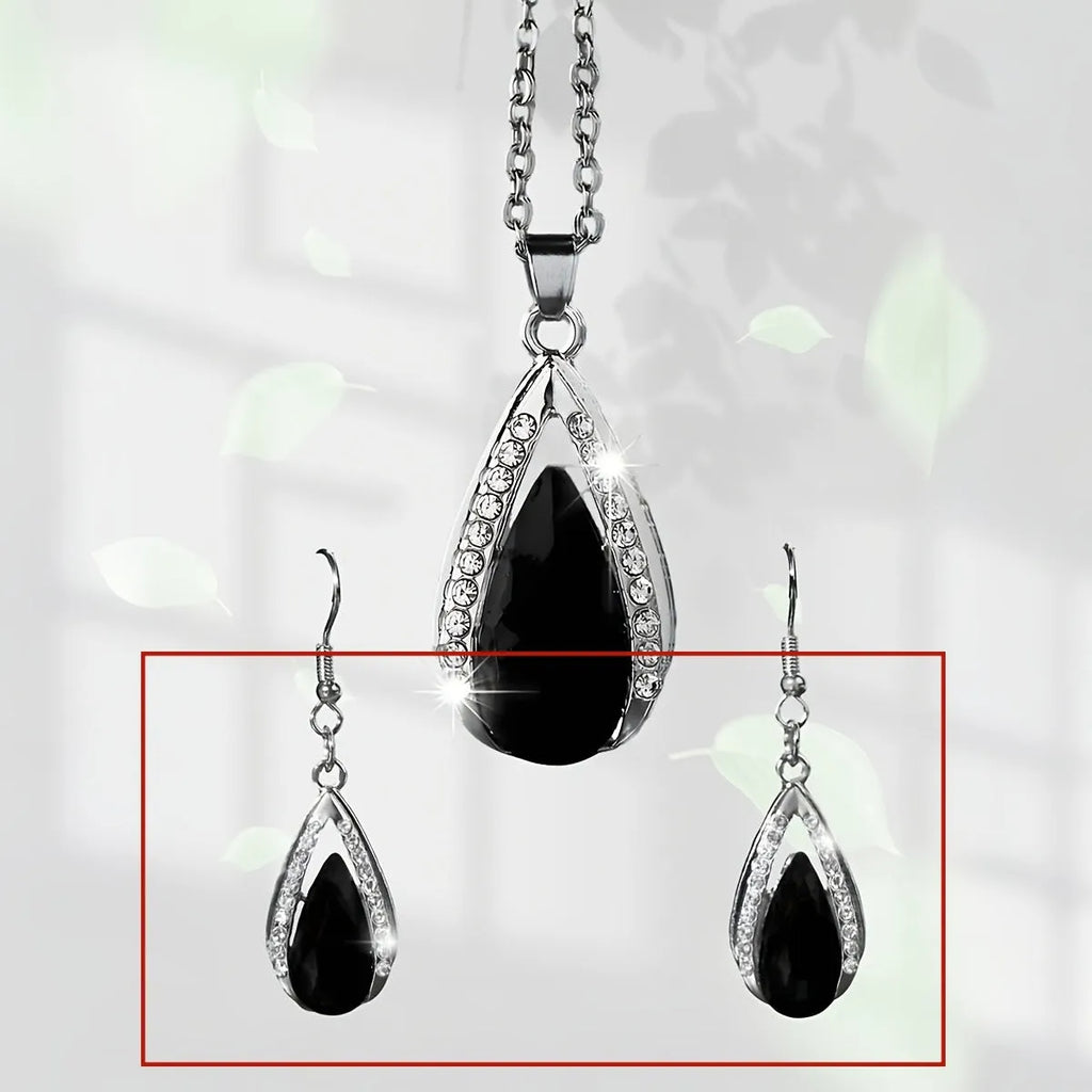Black and red alloy necklace and earrings set with teardrop glass pendants