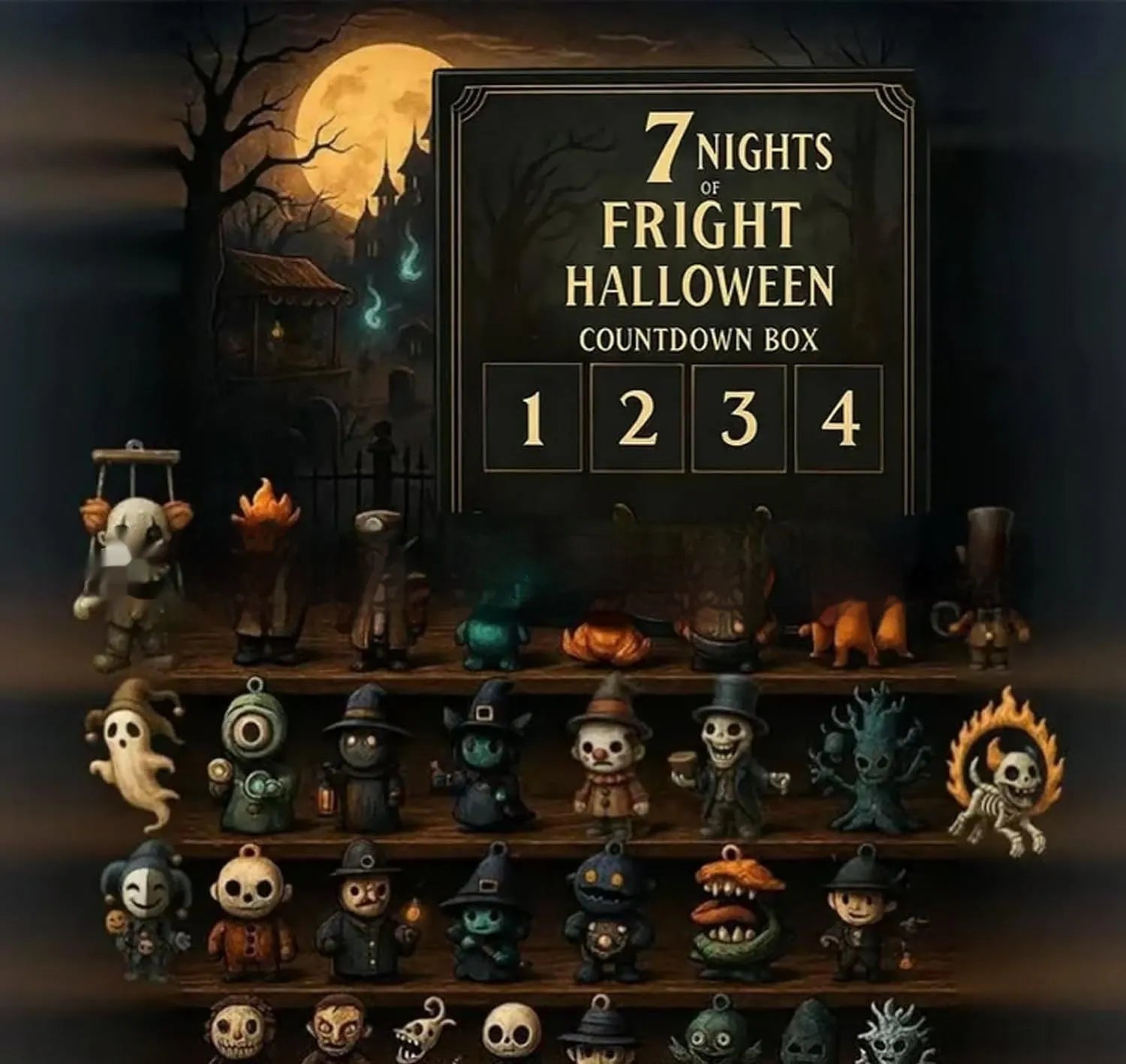 Halloween countdown advent calendar box with numbered doors containing horror-themed resin miniatures