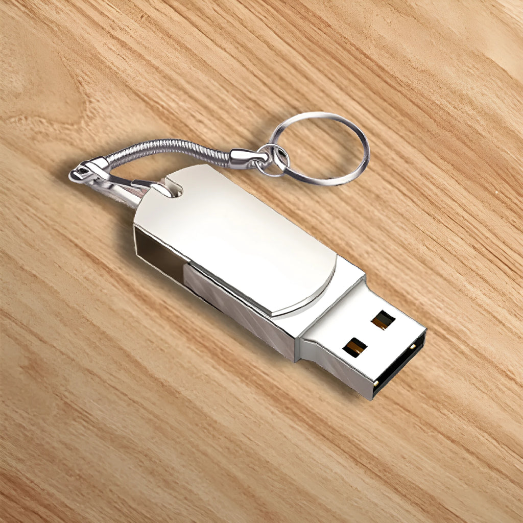 White metal rotating USB flash drive showing compact size next to protective pp bag