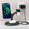Black magnetic wireless charger with minimalist design showing three-in-one charging functionality