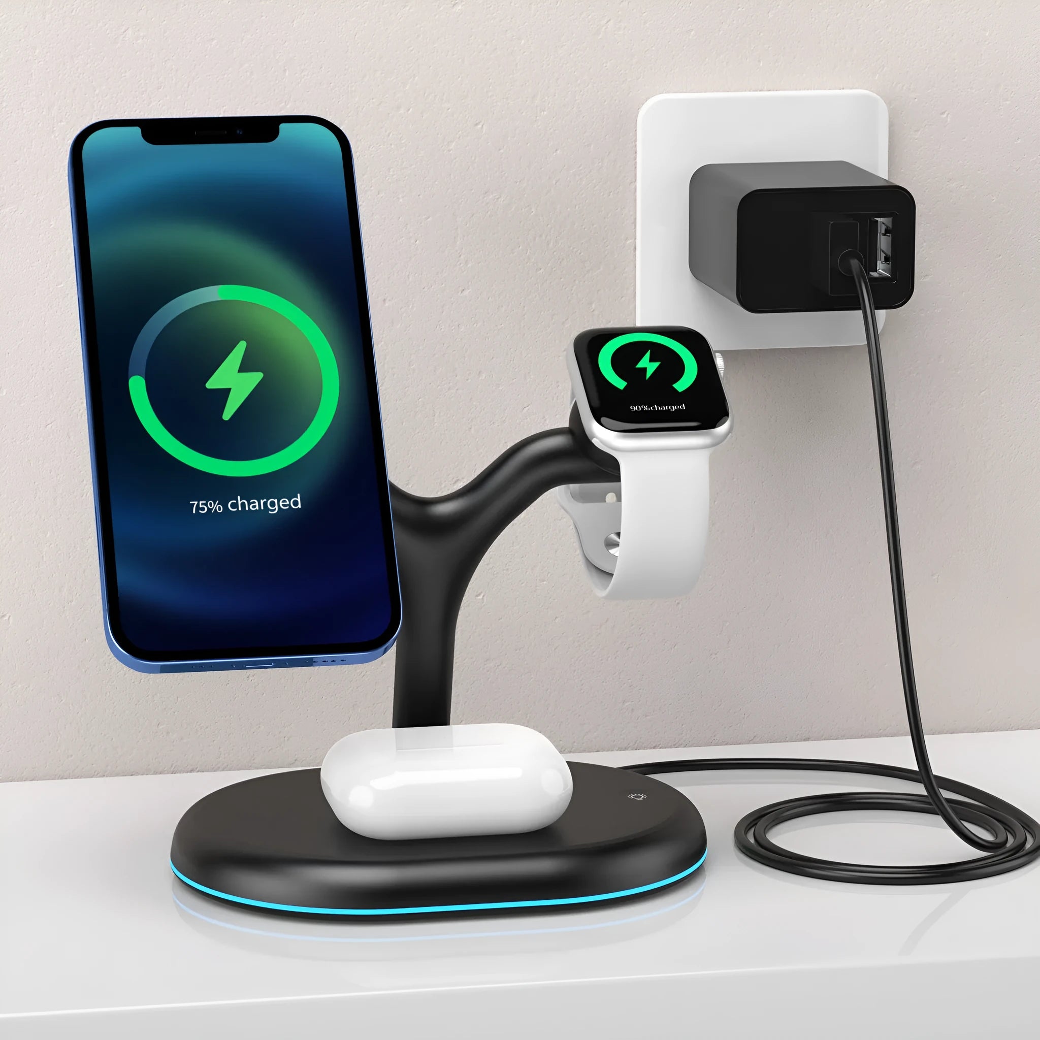 Black magnetic wireless charger with minimalist design showing three-in-one charging functionality
