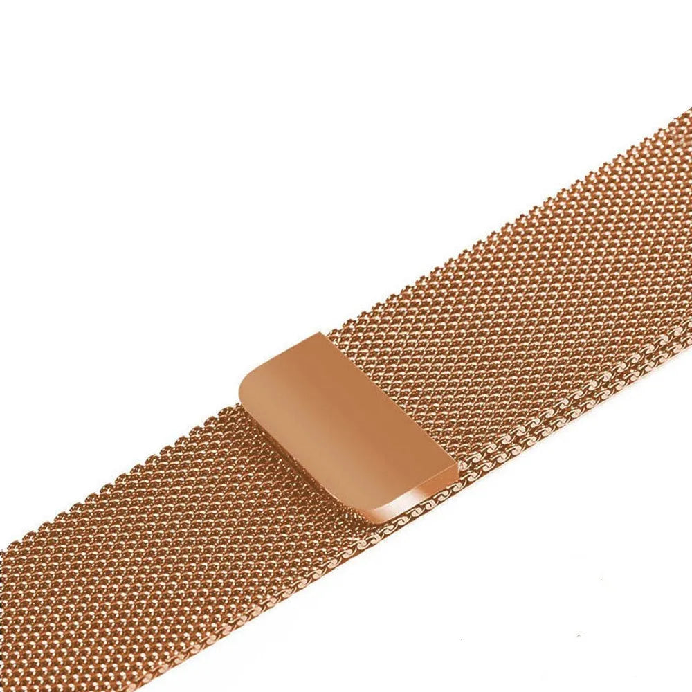 Stainless steel metal watch strap replacement band in silver, black, gold, and rose gold colours.