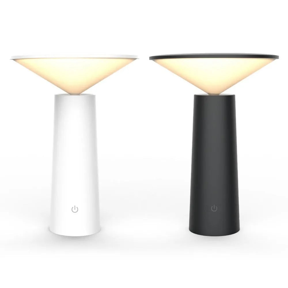 Black and white USB rechargeable LED desk lamp with adjustable head and touch controls.