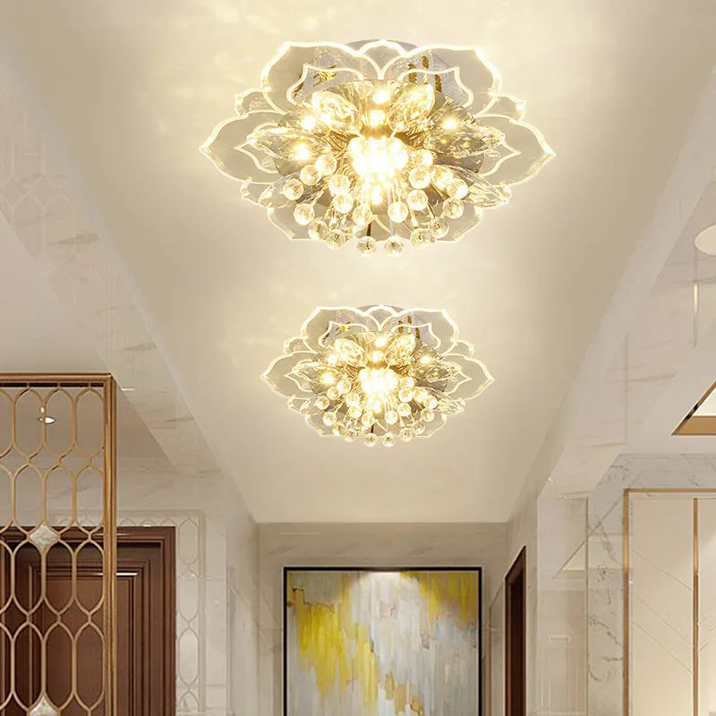 Modern minimalist crystal ceiling lamp with flower-shaped acrylic shade and LED light