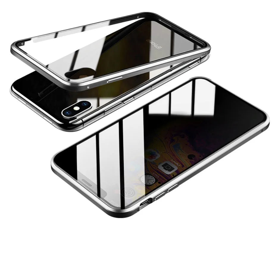 Black glass clamshell anti-spy case on an iPhone, showing geometric design and solid colour.