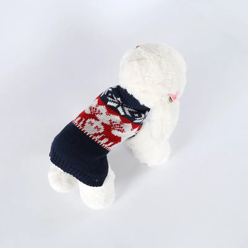 Navy blue knitted Christmas sweater for dogs on a small pet model