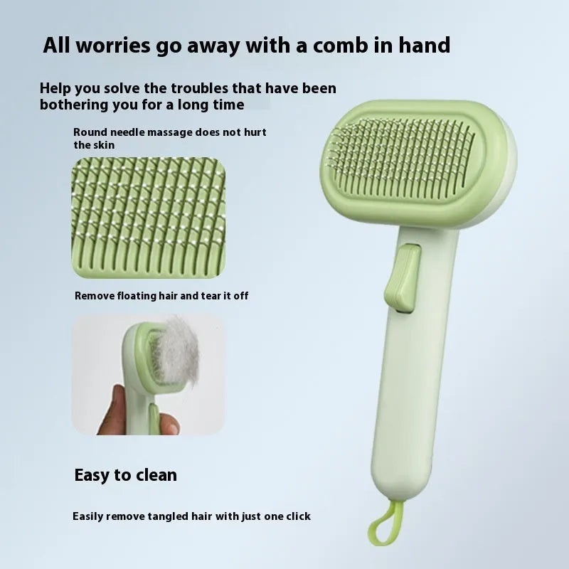 Large light grey pet grooming comb with comb teeth, detangler, and a one-click shaver for cats and dogs.