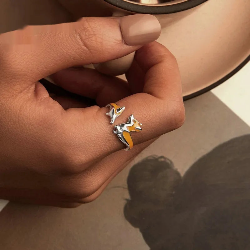 Silver electroplated adjustable corgi dog ring with cartoon design