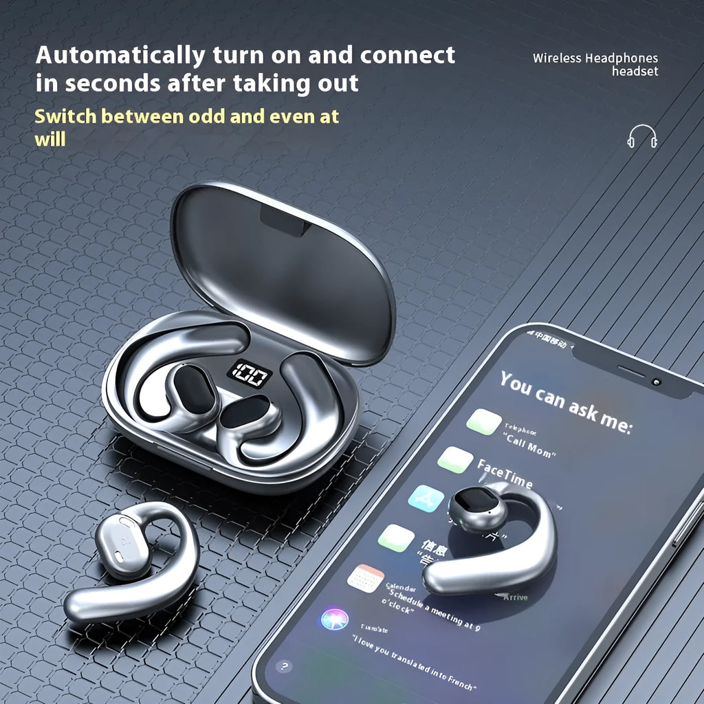 Black ear-mounted Bluetooth headset with digital display screen showing battery status