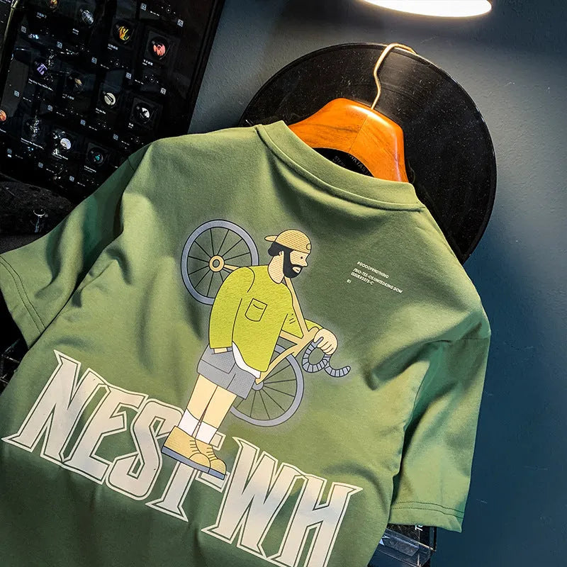 Green men's loose fit t-shirt with trendy literary youth printed design and short sleeves