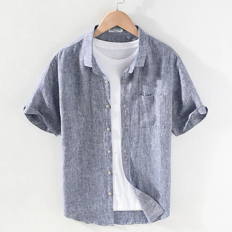 Men's short sleeve linen shirt with square collar in raw jute colour, cardigan style