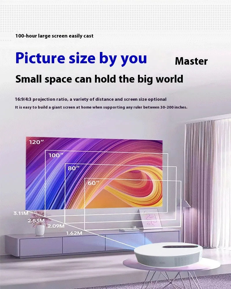 White 720p HD home projector with remote control on wooden surface