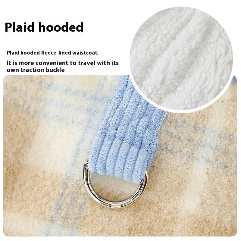 Blue corduroy chessboard grid hooded vest for dog on autumn background