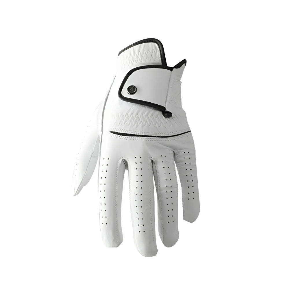 Men's white half sheepskin golf glove showing non-slip palm detail.