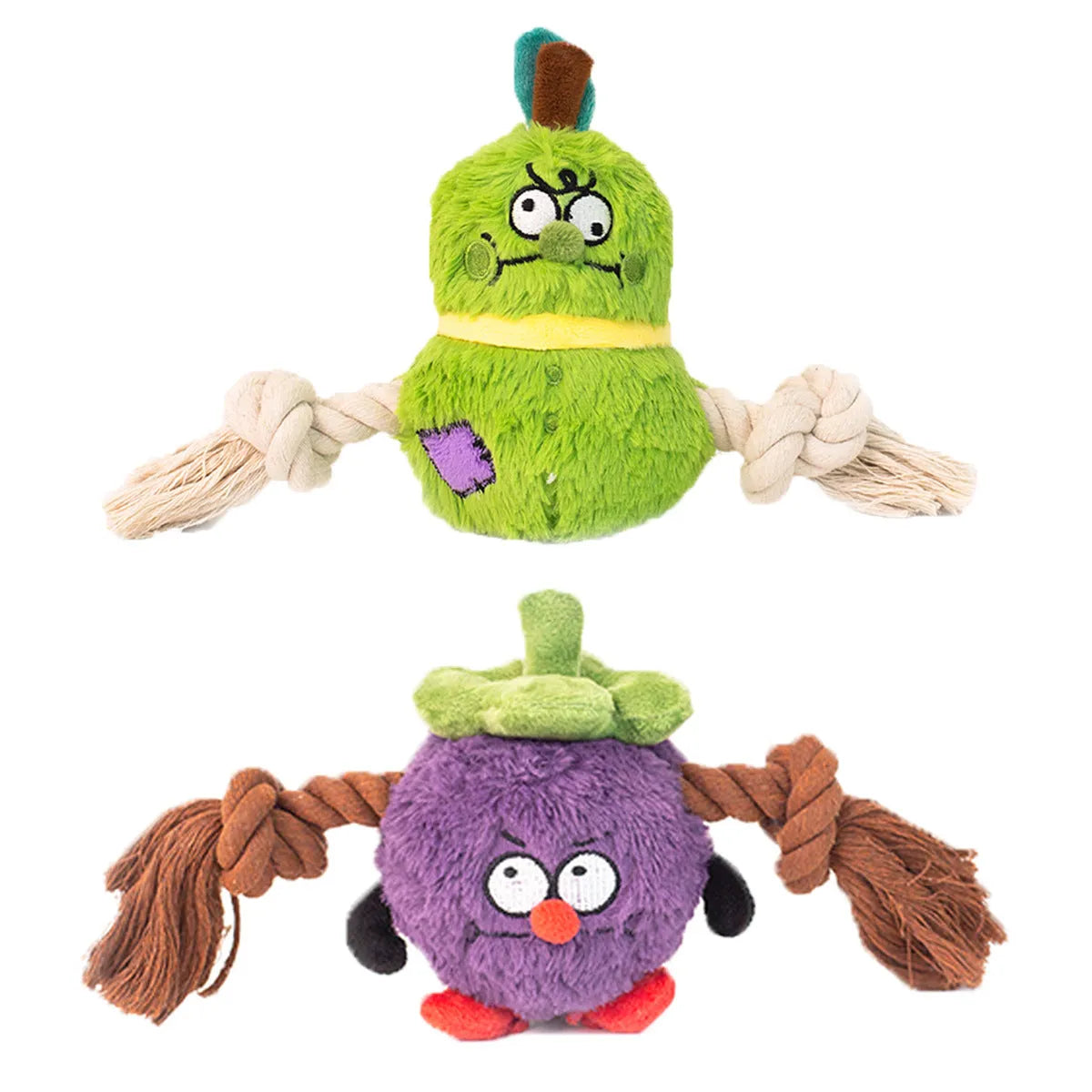 Green and purple interactive plush dog toy with rope knot and molar tooth design for tug of war.