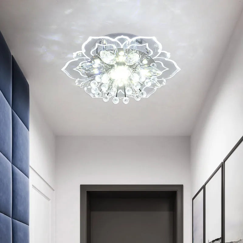 Modern minimalist crystal ceiling lamp with flower-shaped acrylic shade and LED light