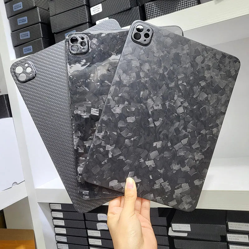 Apple iPad Pro 11 carbon fibre protective cover with 3K weave pattern and embossed plaid design