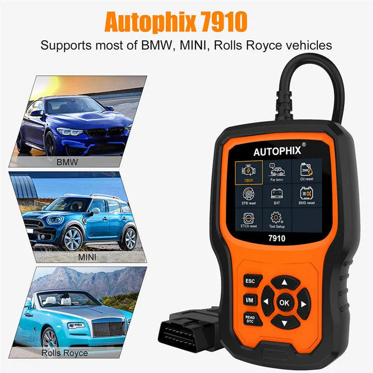 Autophix 7910 BMW diagnostic scanner with OBD2 connector for vehicle fault code reading