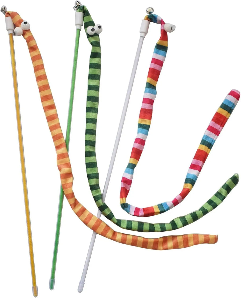 Cat wand toy with long plush strip teaser on a polycarbonate pole, shown in vibrant colours