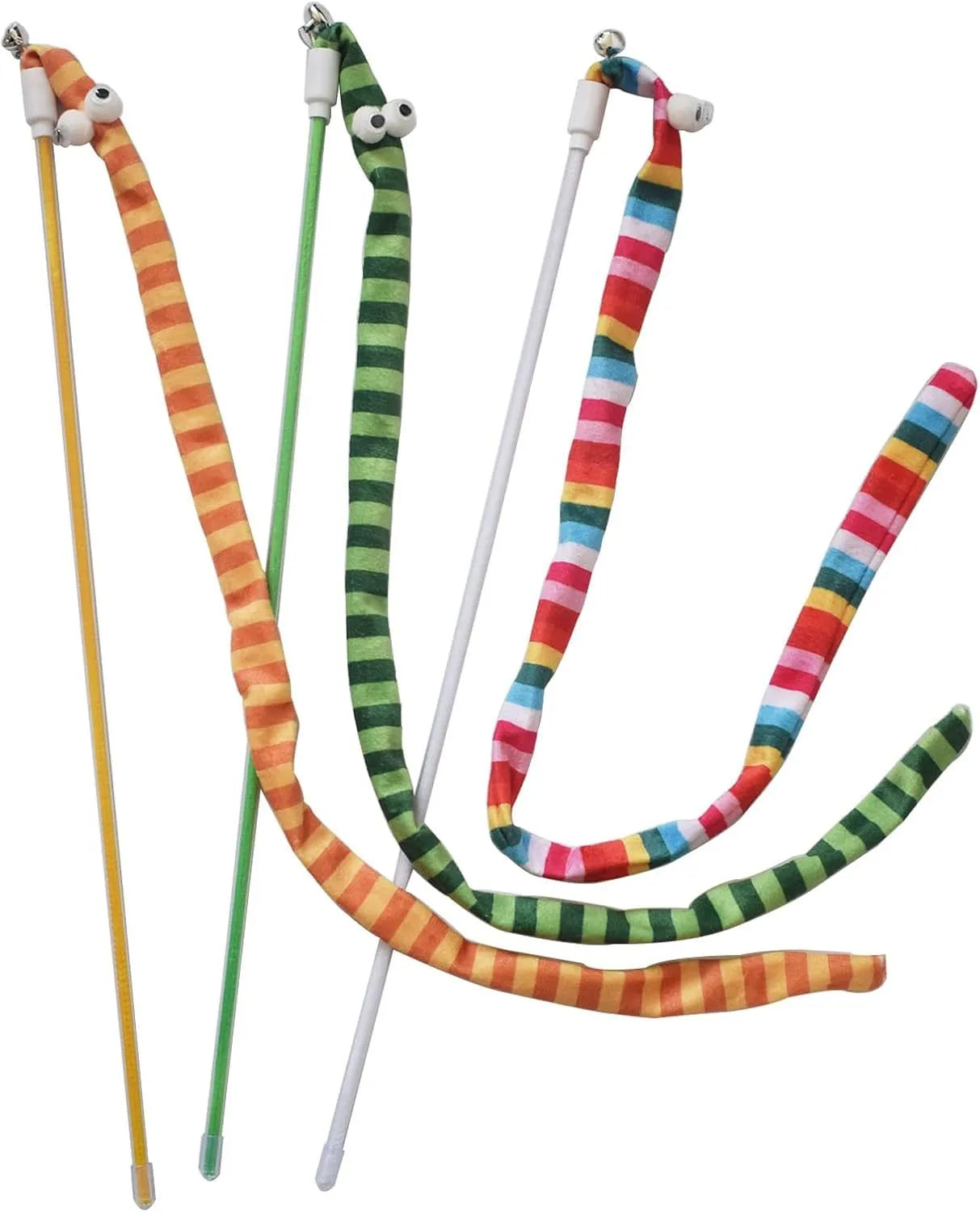 Cat wand toy with long plush strip teaser on a polycarbonate pole, shown in vibrant colours