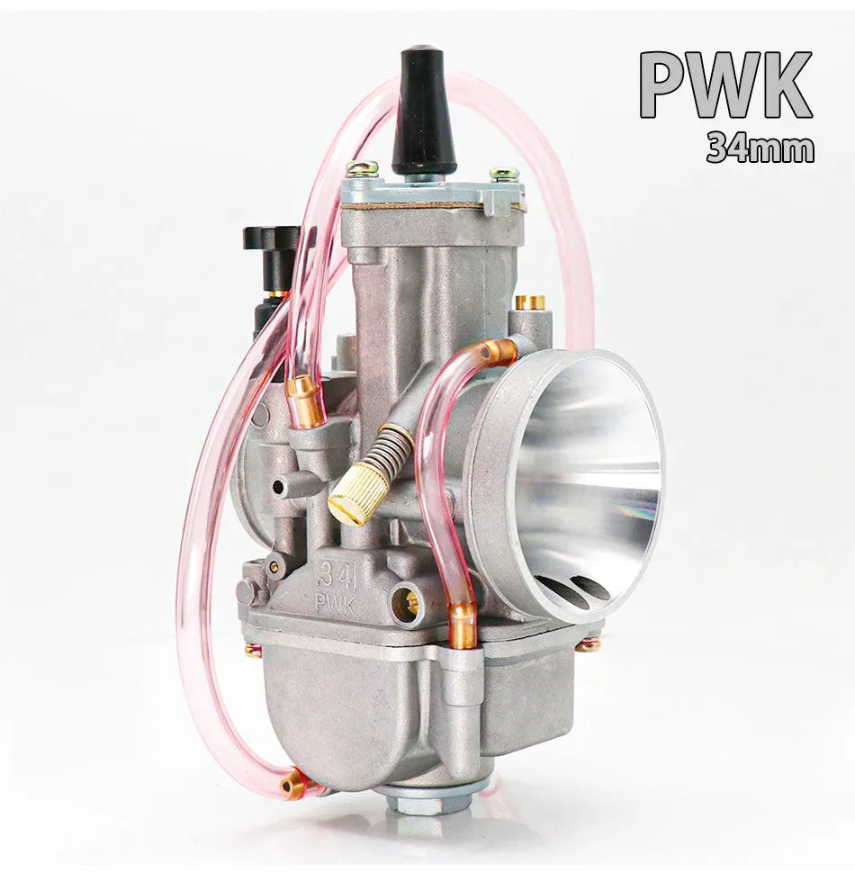 Sandblasted PWK motorcycle carburetor kit with size options from 21mm to 34mm bore.