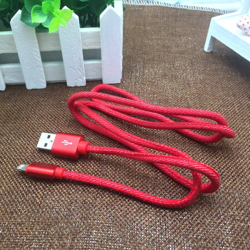Denim braided USB Type-C cable with aluminium connectors in black, blue, or red, showing length options.