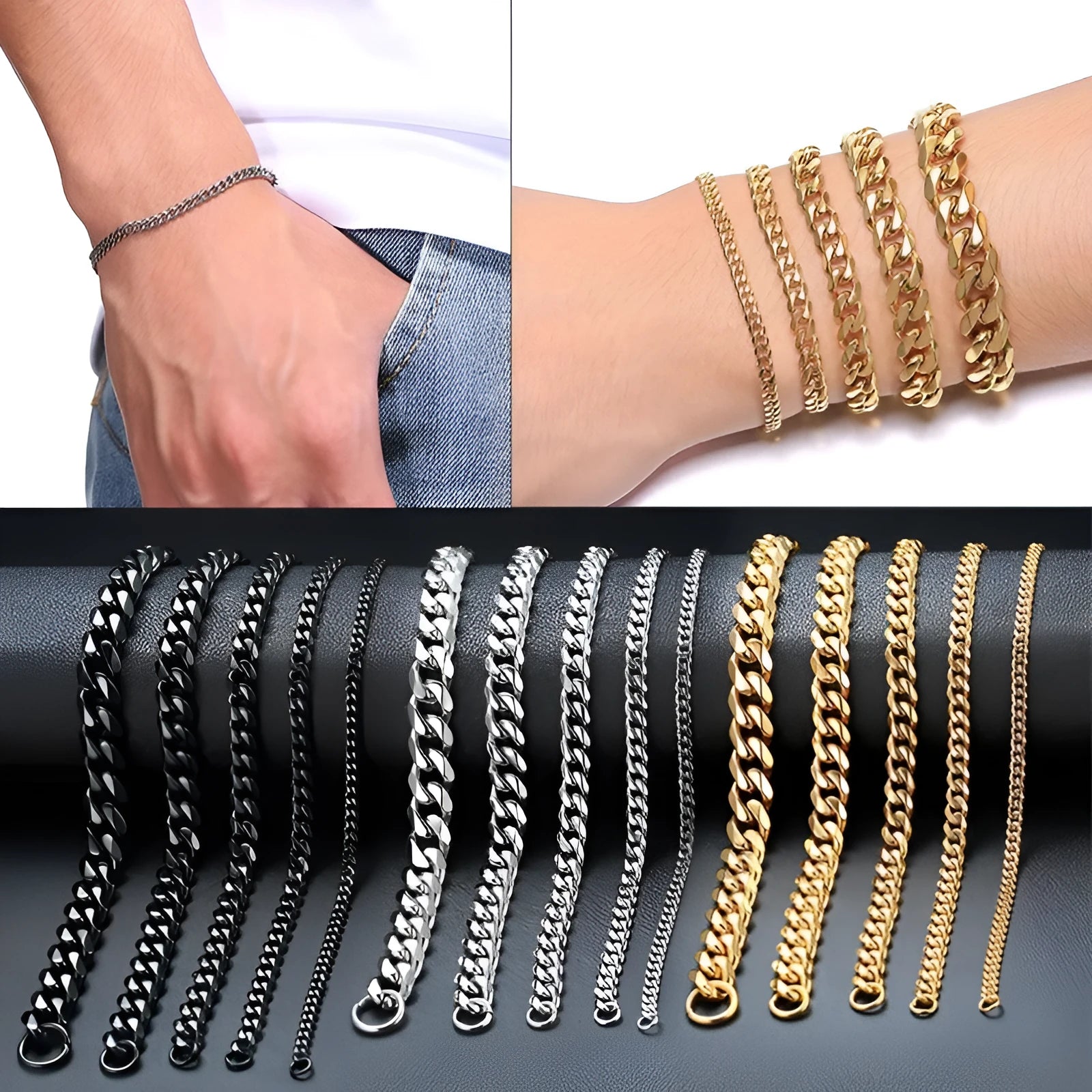 Six-sided geometric link metal bracelet in gold colour on a wrist.