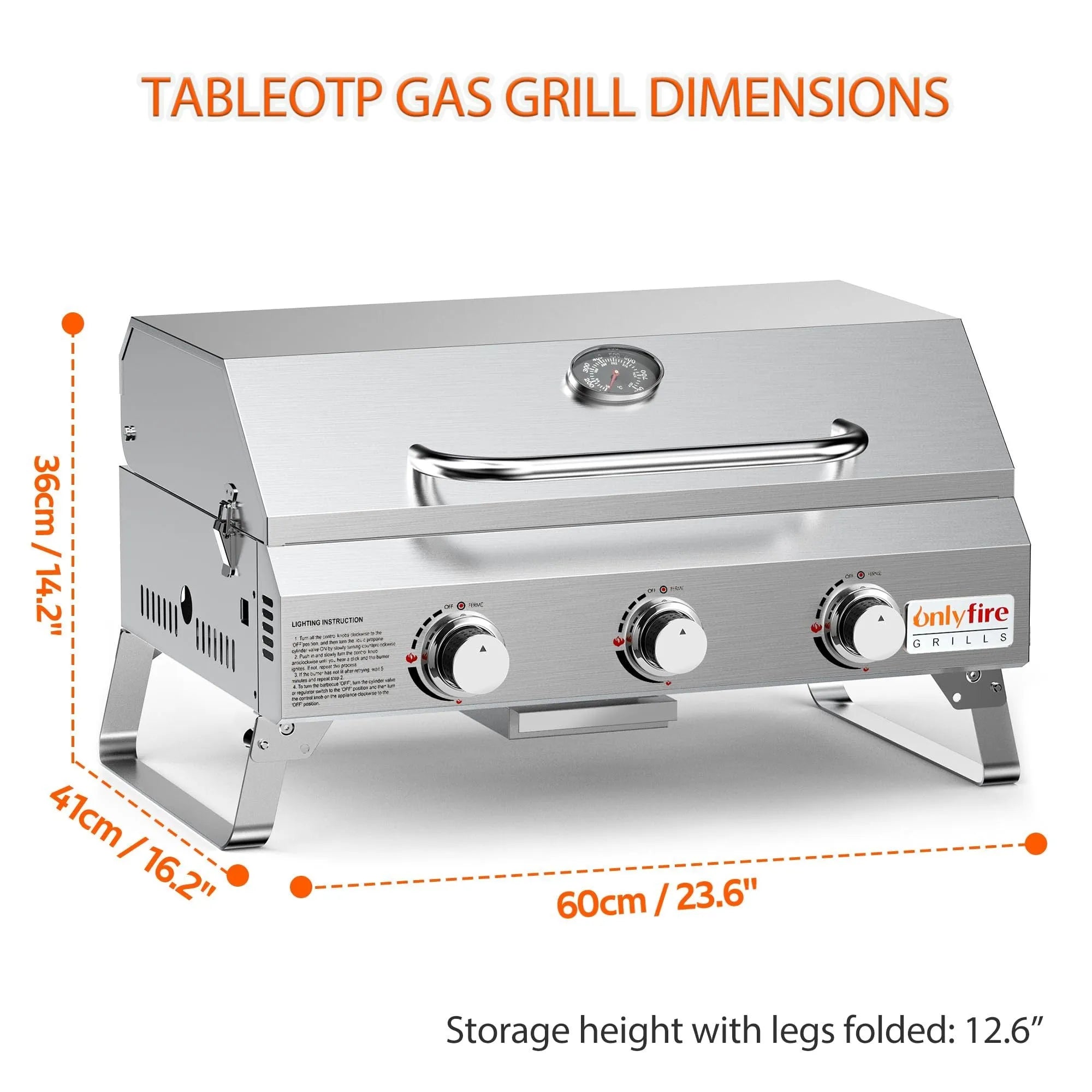 Silver stainless steel desktop gas barbecue grill with three burners and foldable legs