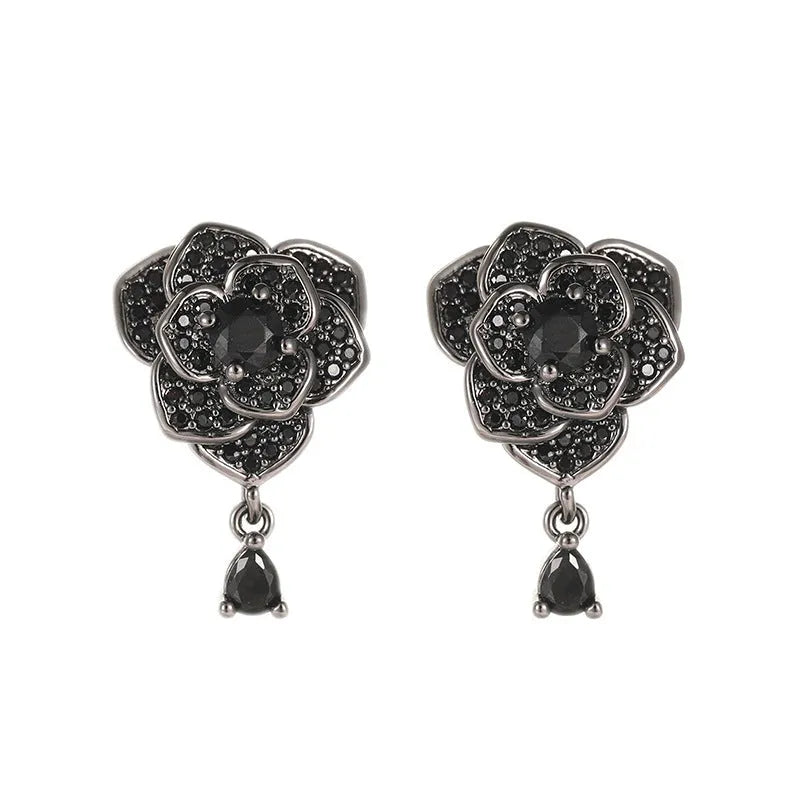 Black rose floral stud earrings with zircon accents on 18K electroplated copper