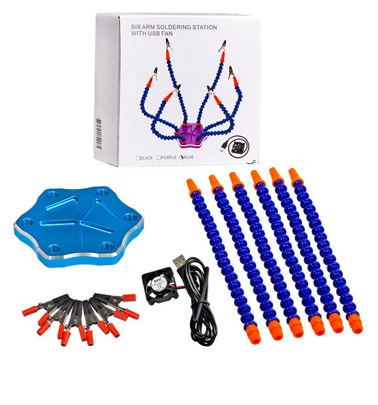 Black and purple aluminium six-jaw welding station with multiple adjustable arms for model repair soldering