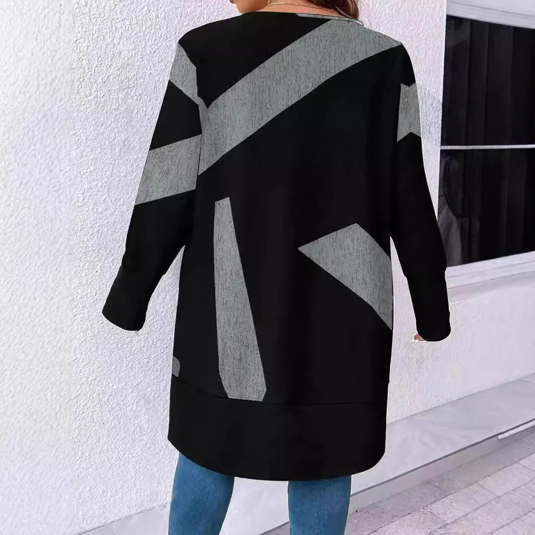 Black loose fit plus size casual cardigan with button details on a hanger.