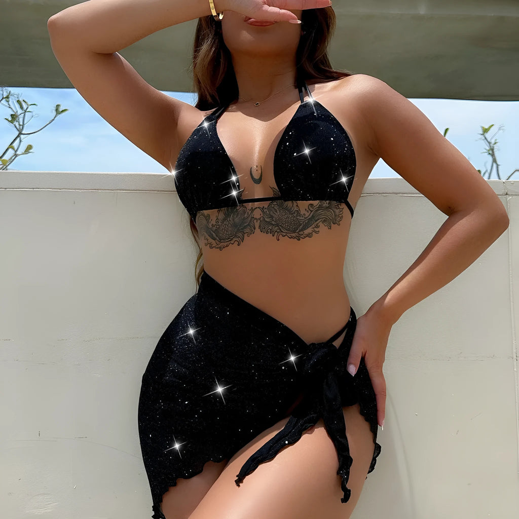 Black three-piece swimsuit bikini set with separate top and shorts