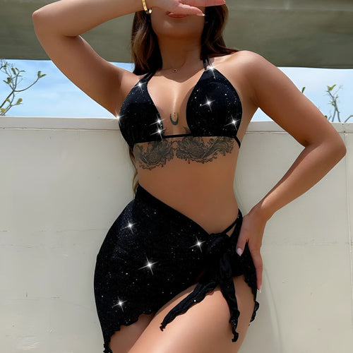 Black three-piece swimsuit bikini set with separate top and shorts