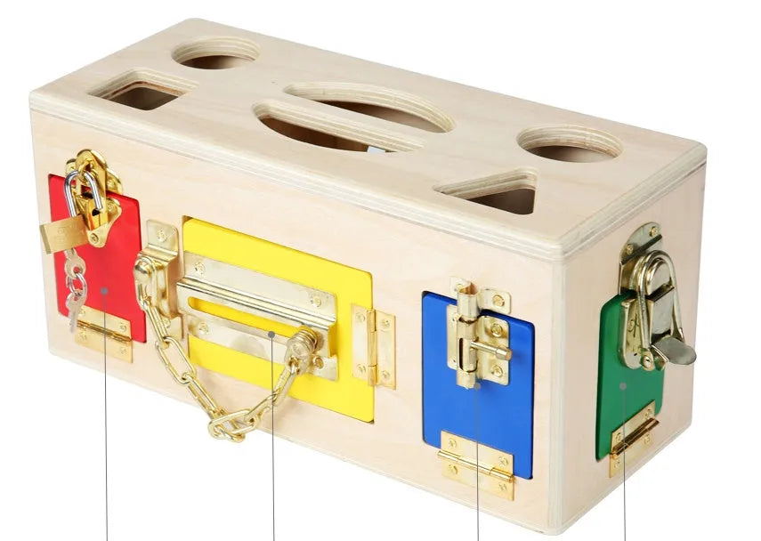 Wooden shape lock box educational toy with 12 pieces for preschool children aged 3+