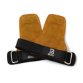 A pair of brown fitness wrist protectors for gym equipment and pull-up bar exercises.