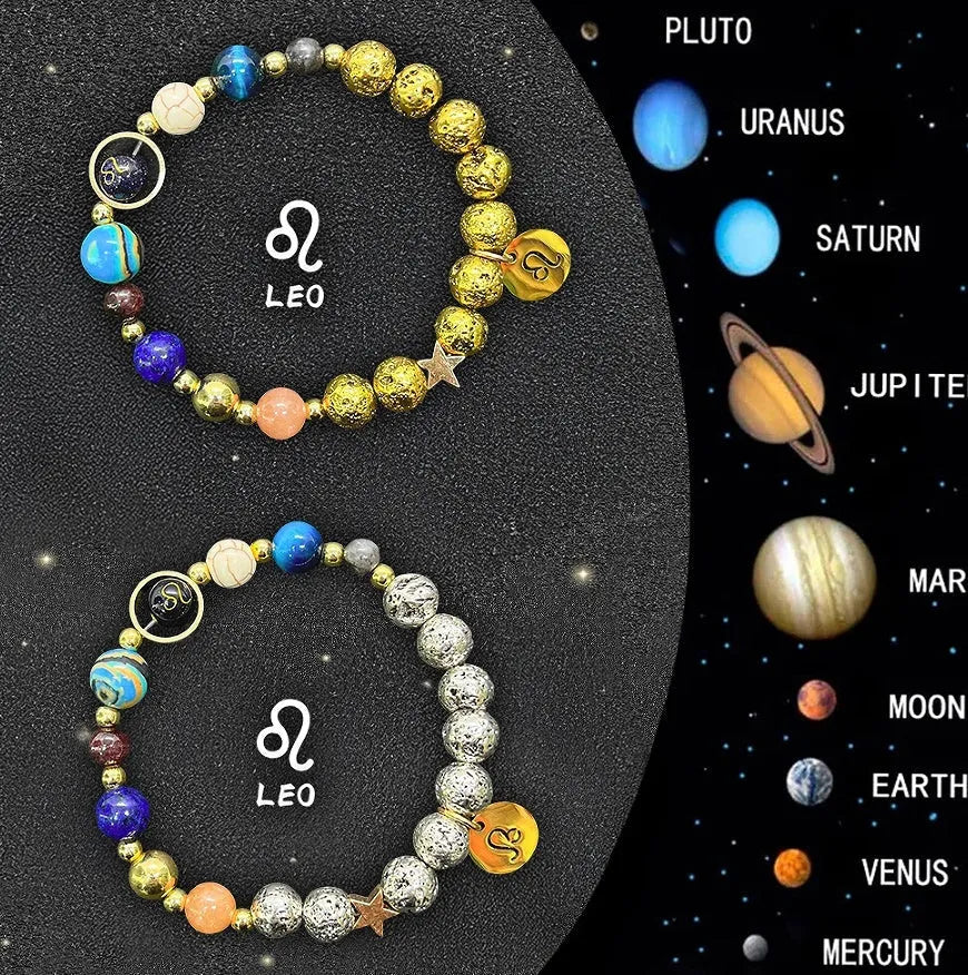 Two natural stone beaded bracelets showing zodiac sign charms on a wooden surface.