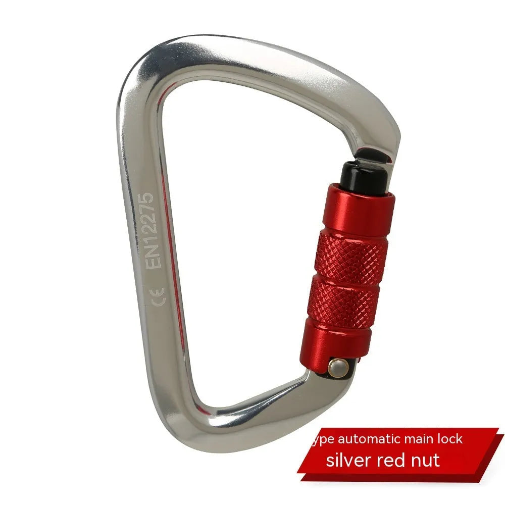 D-type steel climbing lock with choice of automatic or threaded gate, shown in red colour.