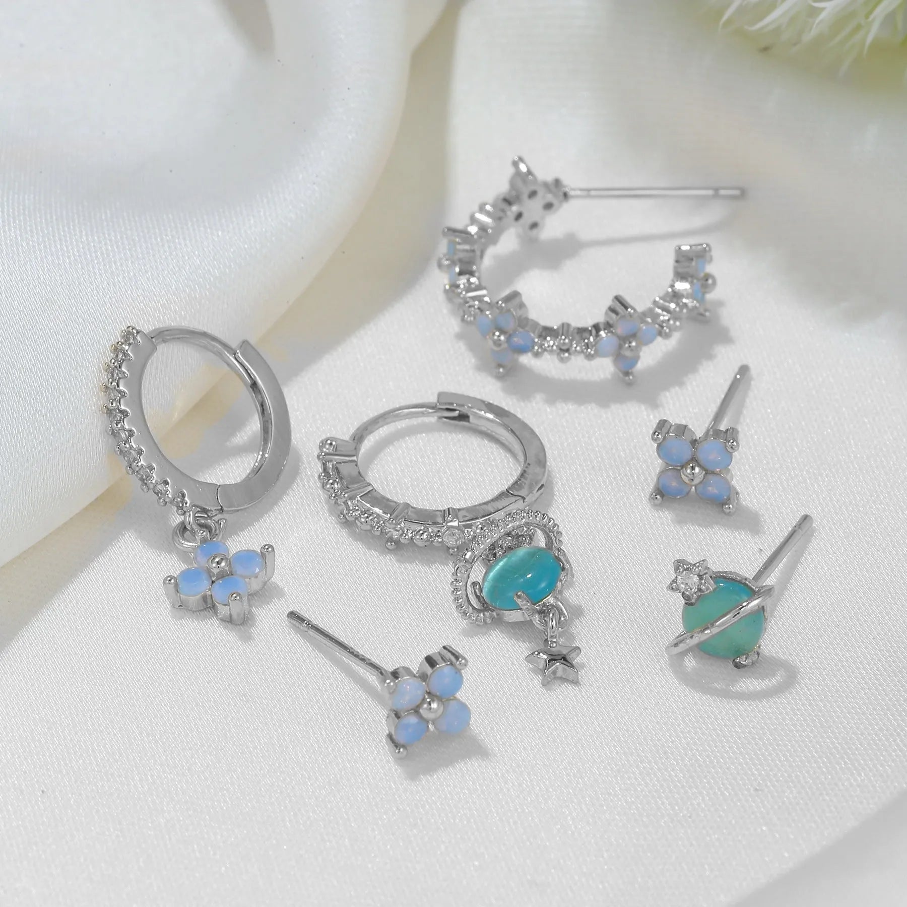 Gold and silver flower nail ear studs with zircon mosaic in Japanese Korean sweet girl style