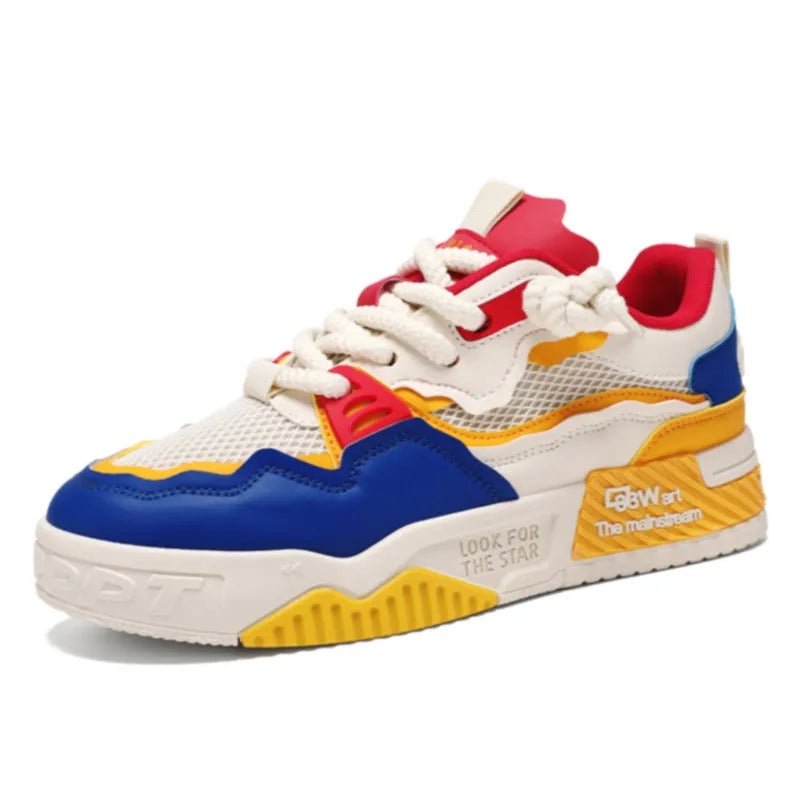 Men's low top board shoes in white and yellow, white and black, and beige colour combinations with rubber soles