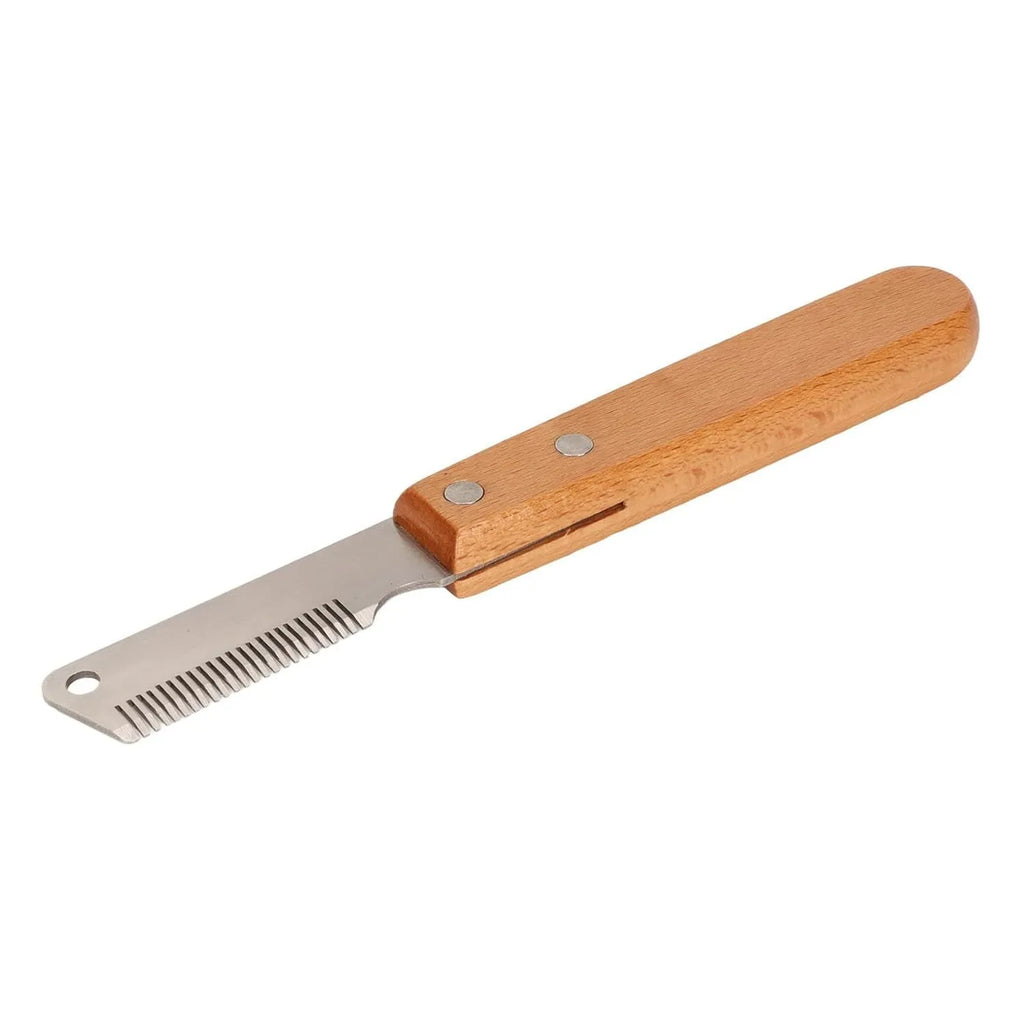 Pet stripping comb with wooden handle and metal teeth for removing hair from dogs and cats.