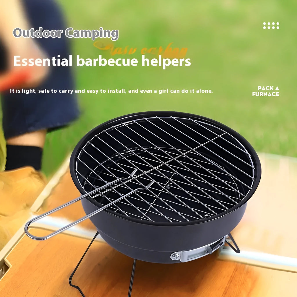Small round folding ice stove with barbecue grill and detachable legs for camping