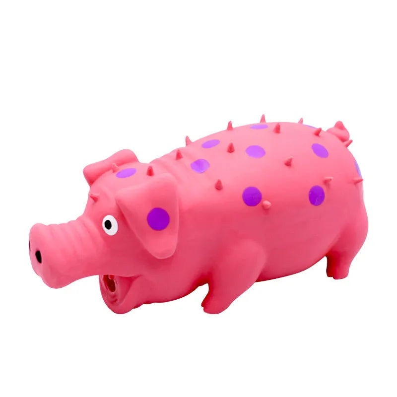 Blue latex pig-shaped dog chew toy with textured surface and squeaker inside.