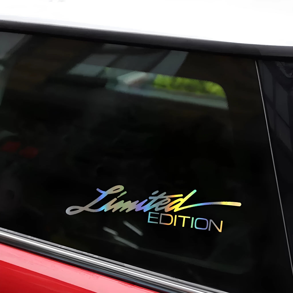 Laser reflective black text car sticker on vehicle surface